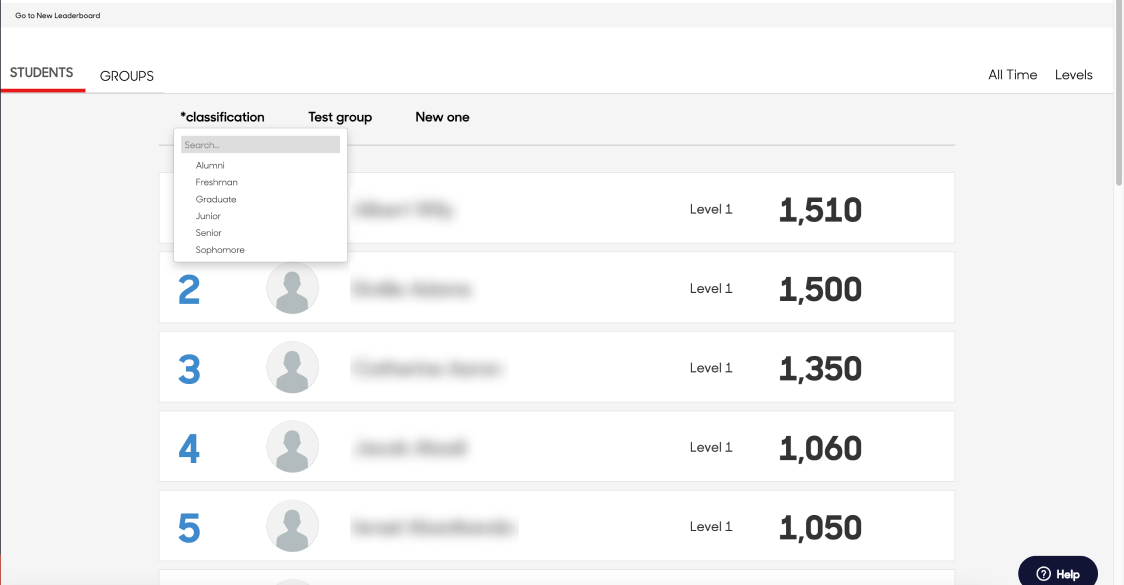 Screenshot of the original leaderboard design, showing a ranked list of students with their points and levels